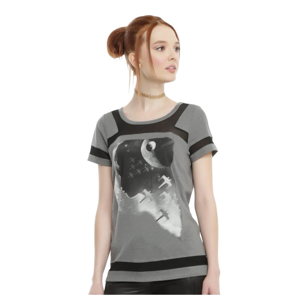 Star Wars Rogue One Jyn Mesh Insert Top Graphic Tee Womens XS Grey Black